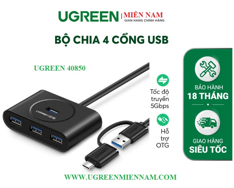 Bộ chia cổng USB 3.0/ Type C sang 4 cổng USB 3.0 UGREEN 40850 - Tốc độ truyền lên đến 5Gbps, đèn led hiển thị hoạt động – Ugreen Miền Nam